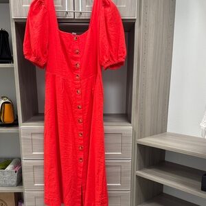 Old Navy Bright Red Button-Front Midi Dress with Puff Sleeves